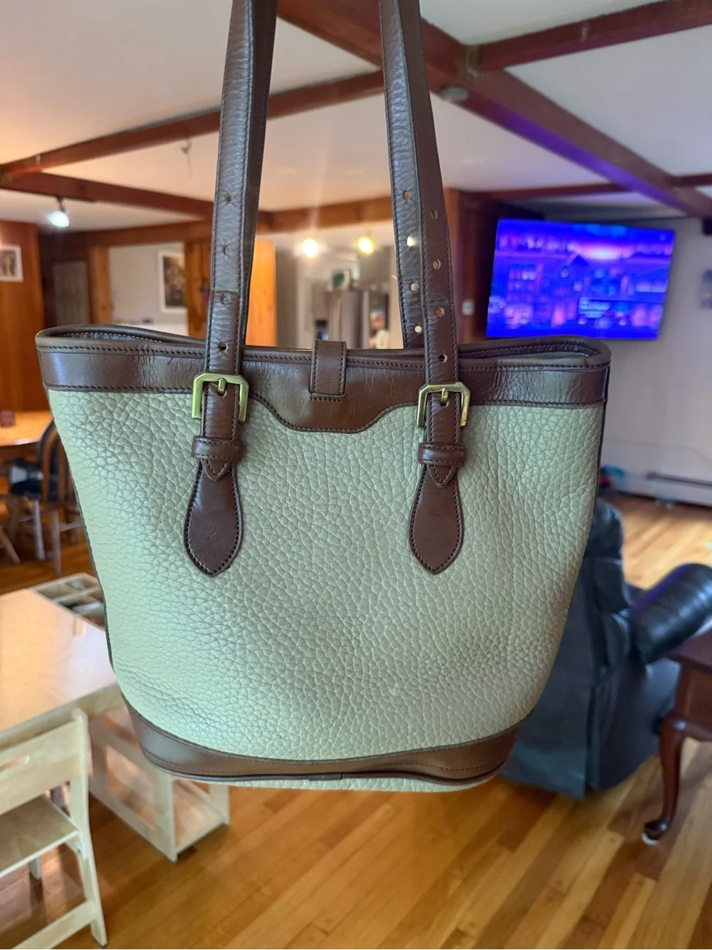 Dooney & Bourke Cream Pebbled Leather Tote with Brown Trim